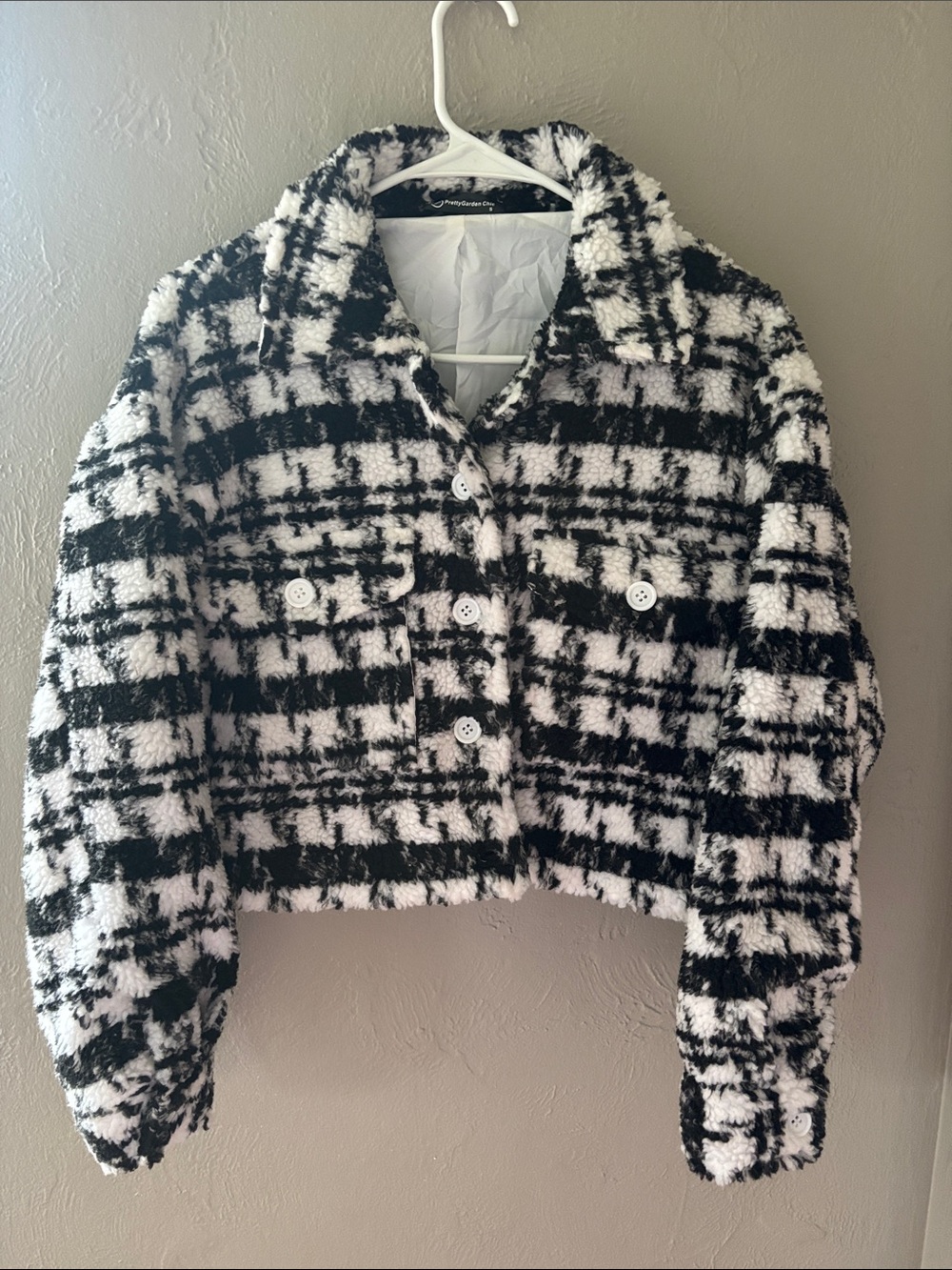 Cropped Black and White Plaid Teddy Jacket - Button Front